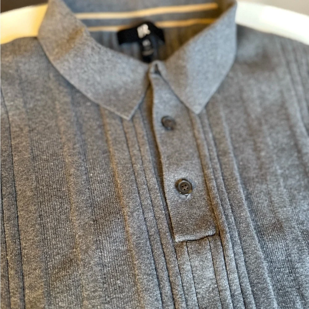 BR Banana Republic 100% Cotton XL Knit Polo Sweater Gray Ribbed Long Sleeve